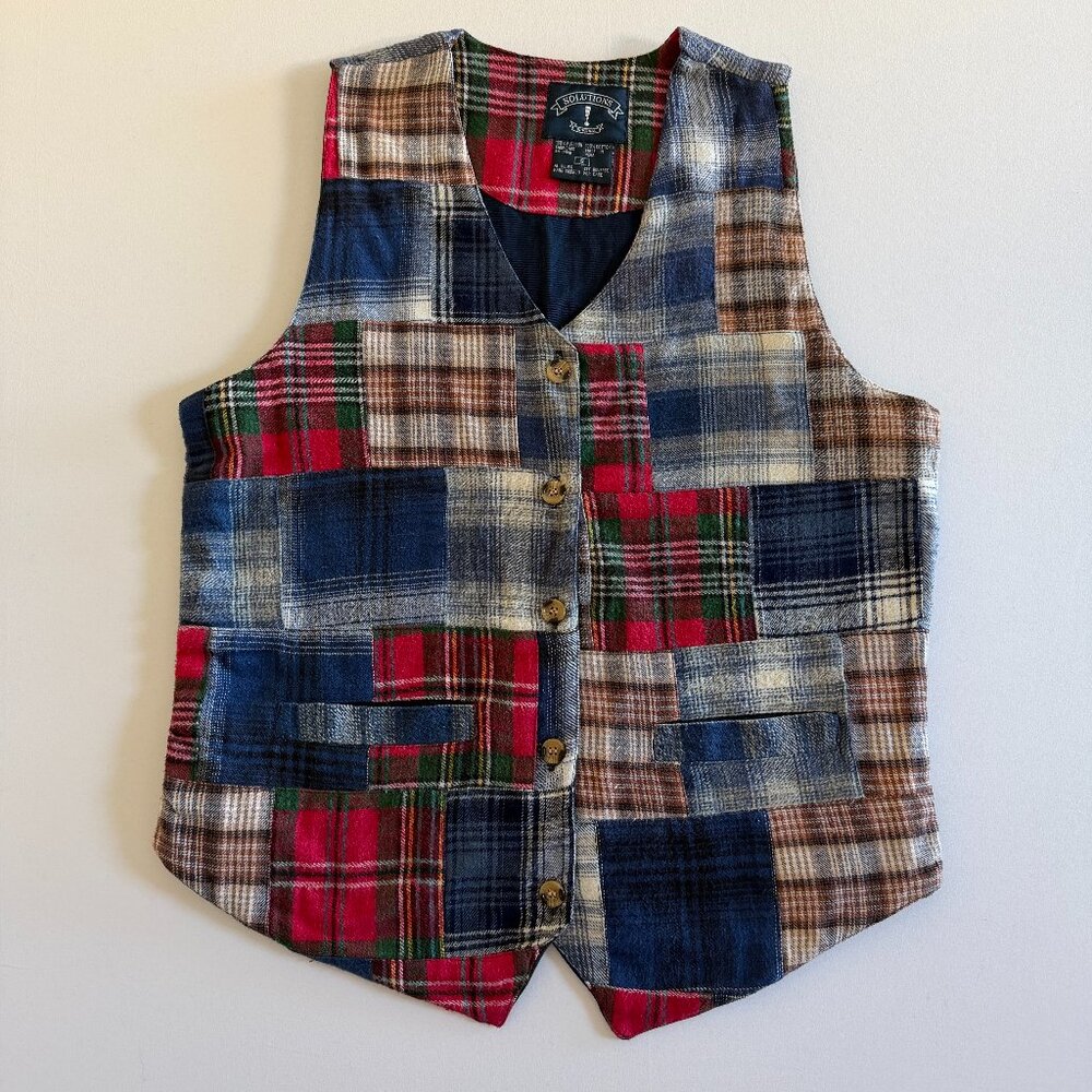 VINTAGE 80s Solutions Patchwork Plaid Flannel But… - image 1
